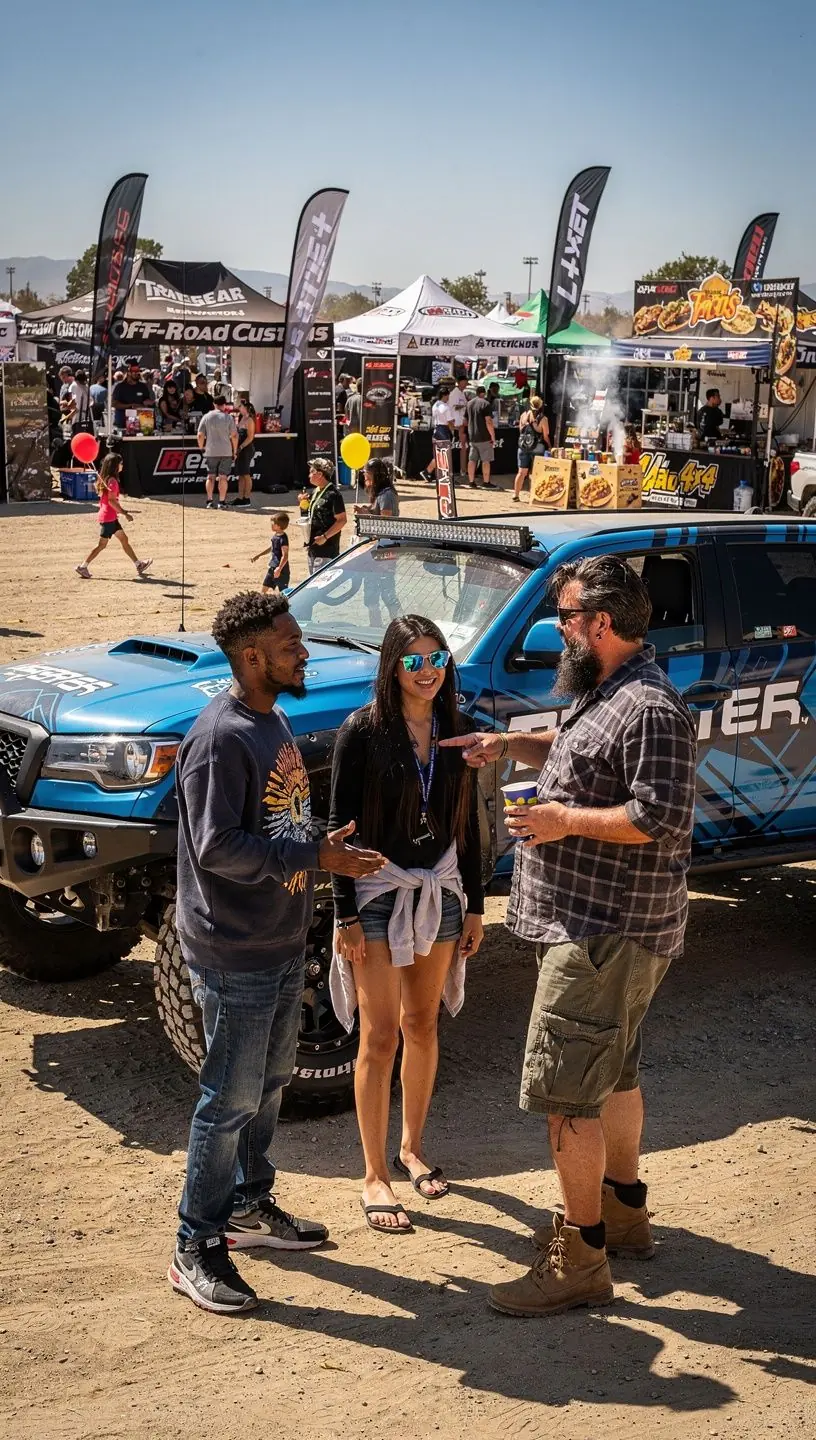 Wnętrze warsztatu off-road z różnorodnymi częściami do tuningu i wyposażeniem do instalacji akcesoriów SUV.